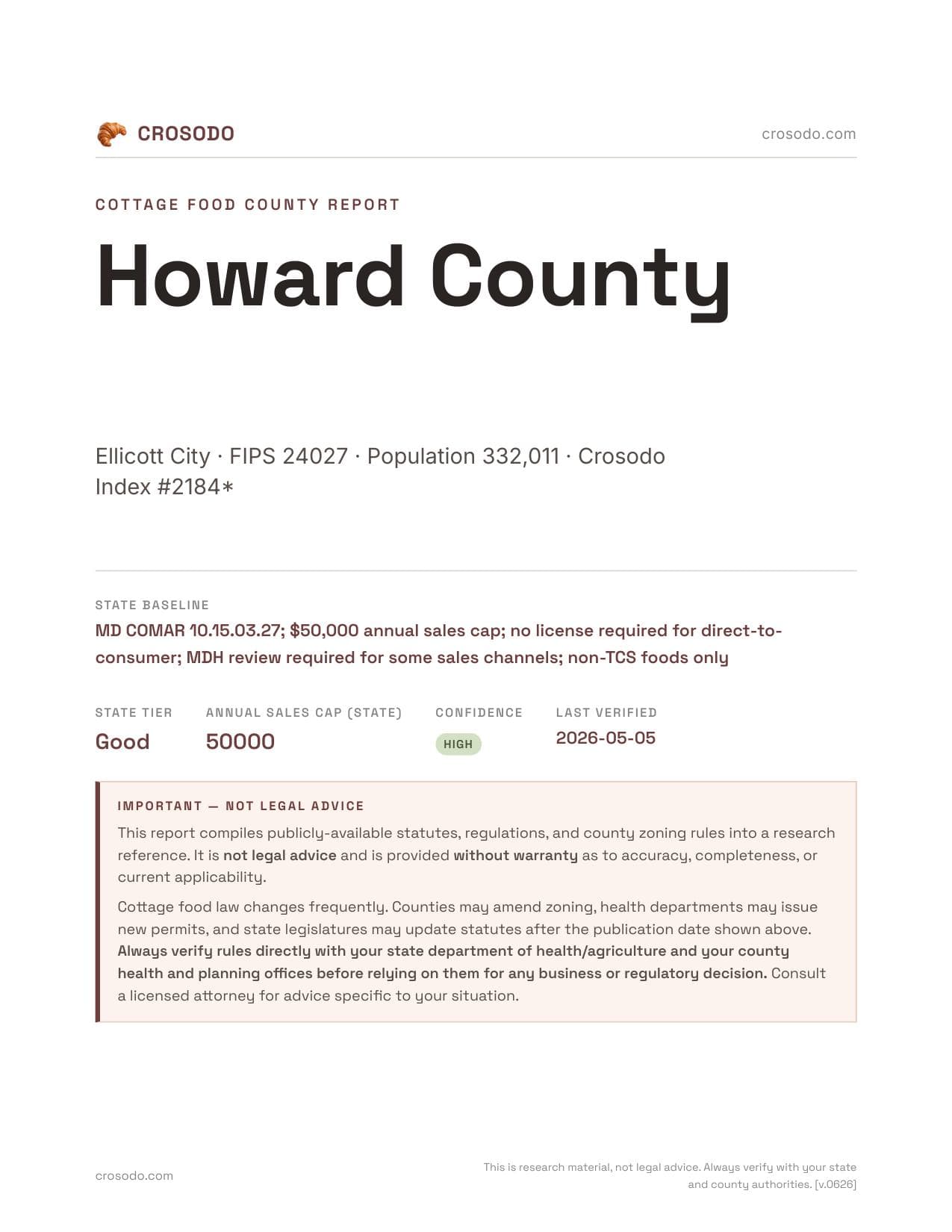 Cover of Howard County county cottage food report