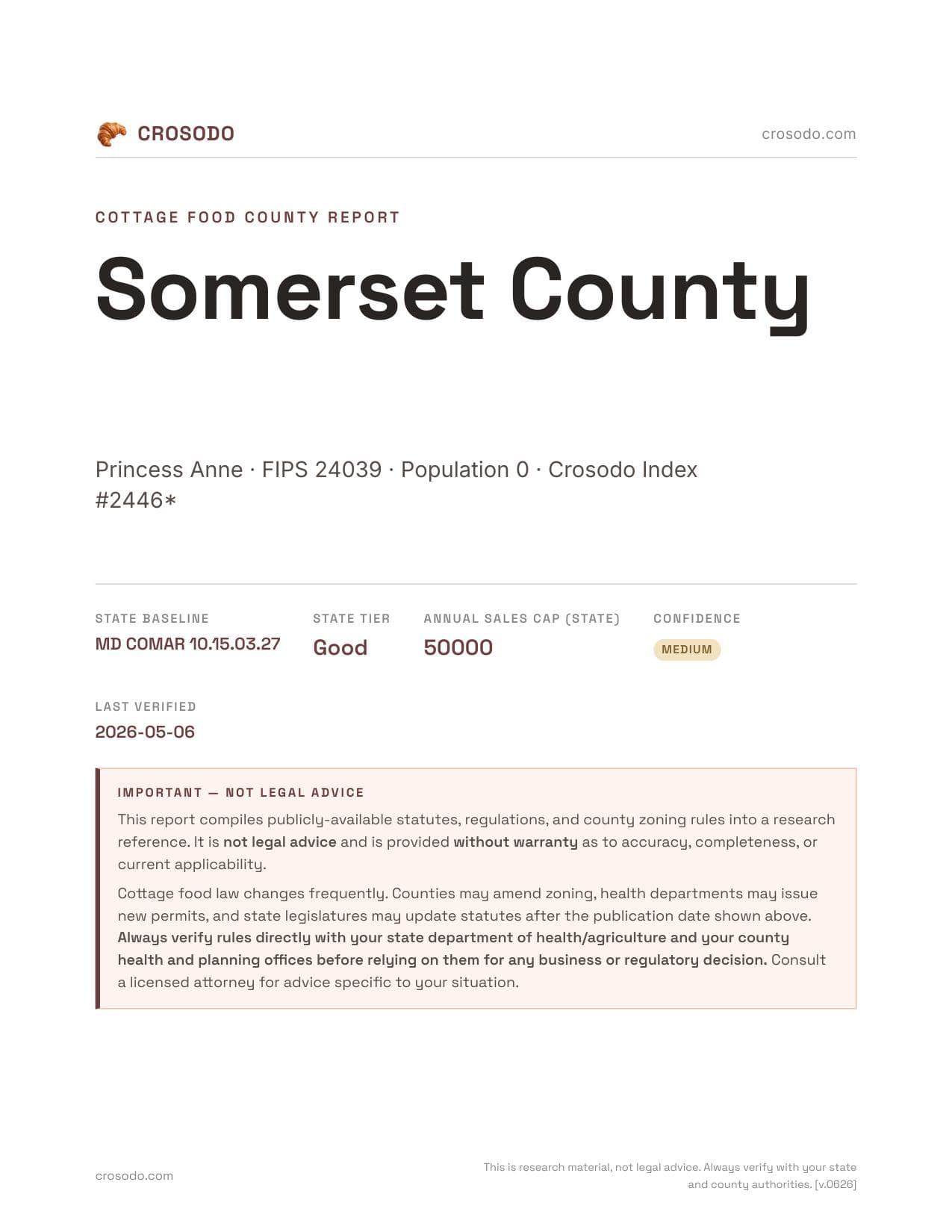 Cover of Somerset County, Maryland cottage food report