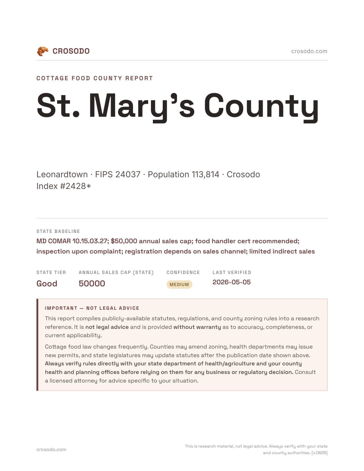 Cover of St. Mary's County county cottage food report