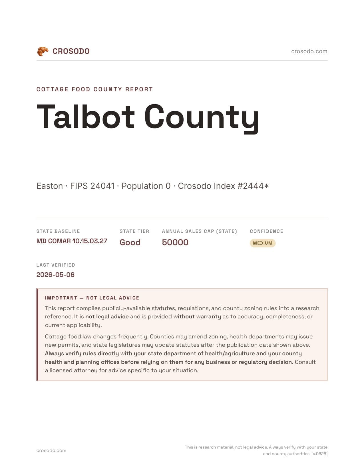 Cover of Talbot County county cottage food report