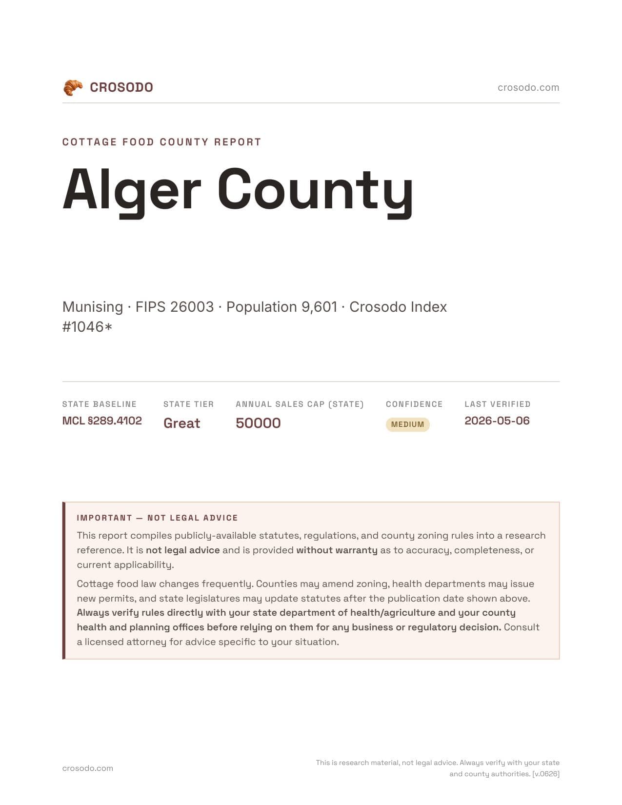 Cover of Alger County county cottage food report