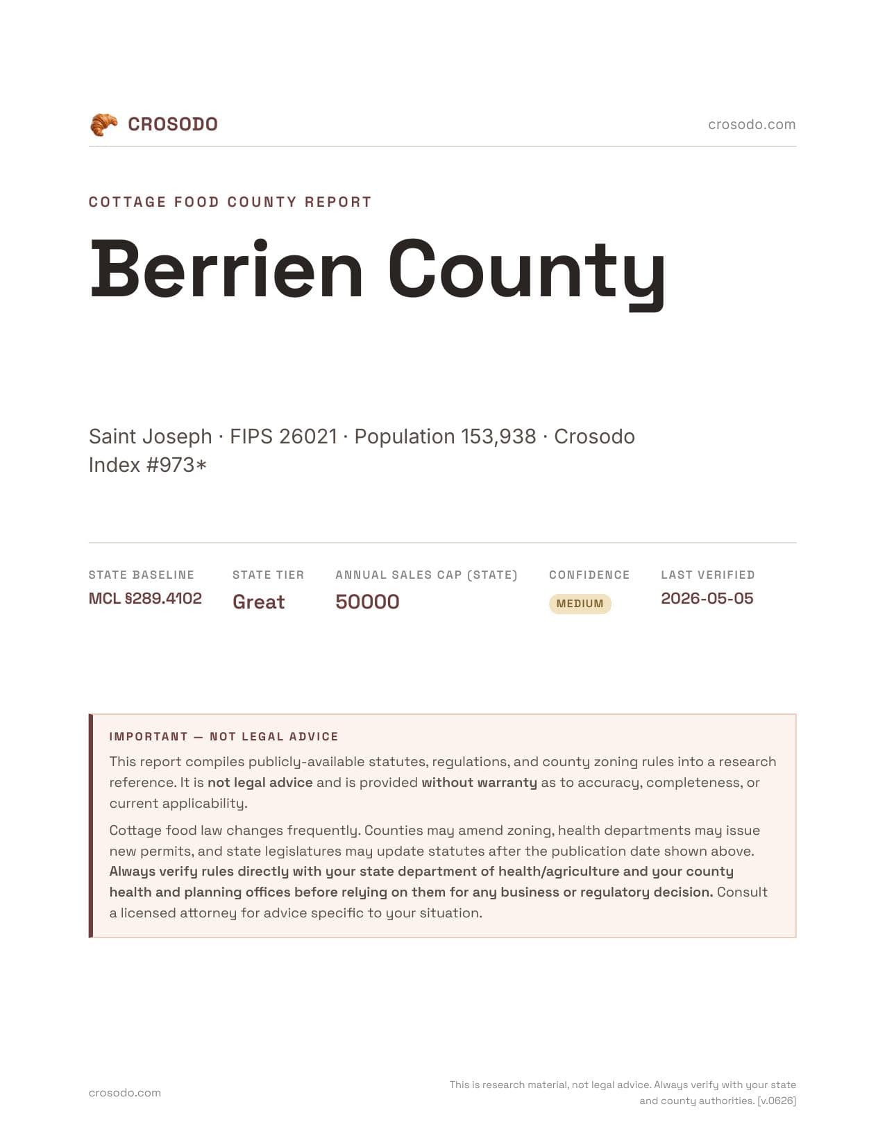 Cover of Berrien County county cottage food report
