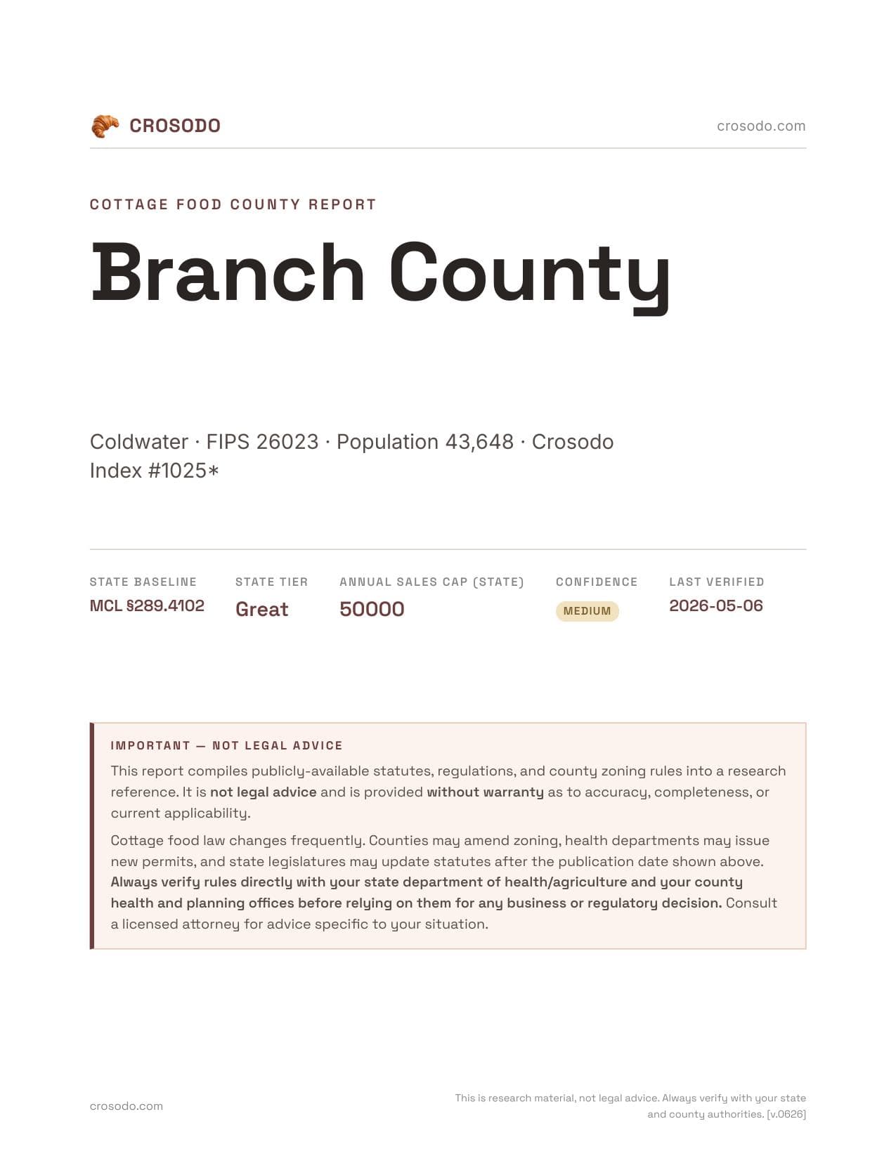 Cover of Branch County county cottage food report