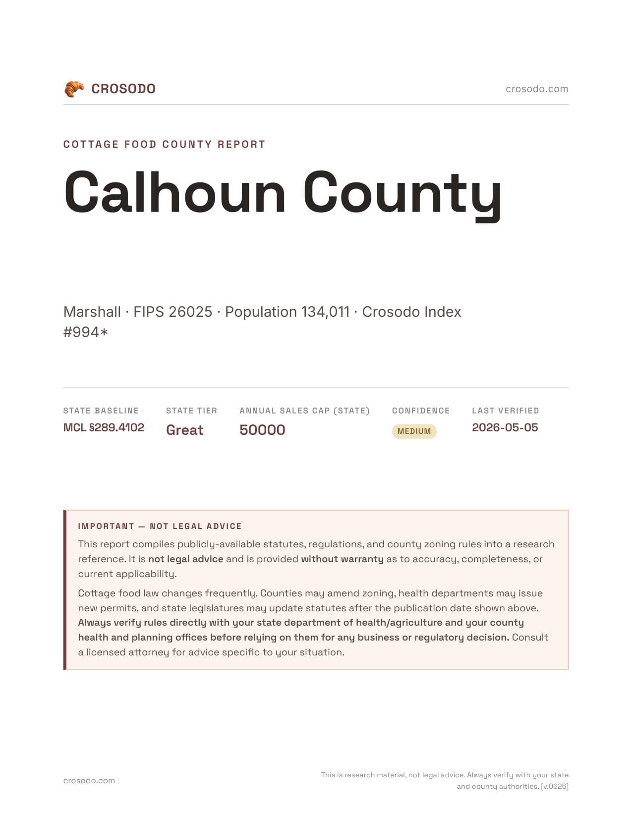Cover of Calhoun County county cottage food report