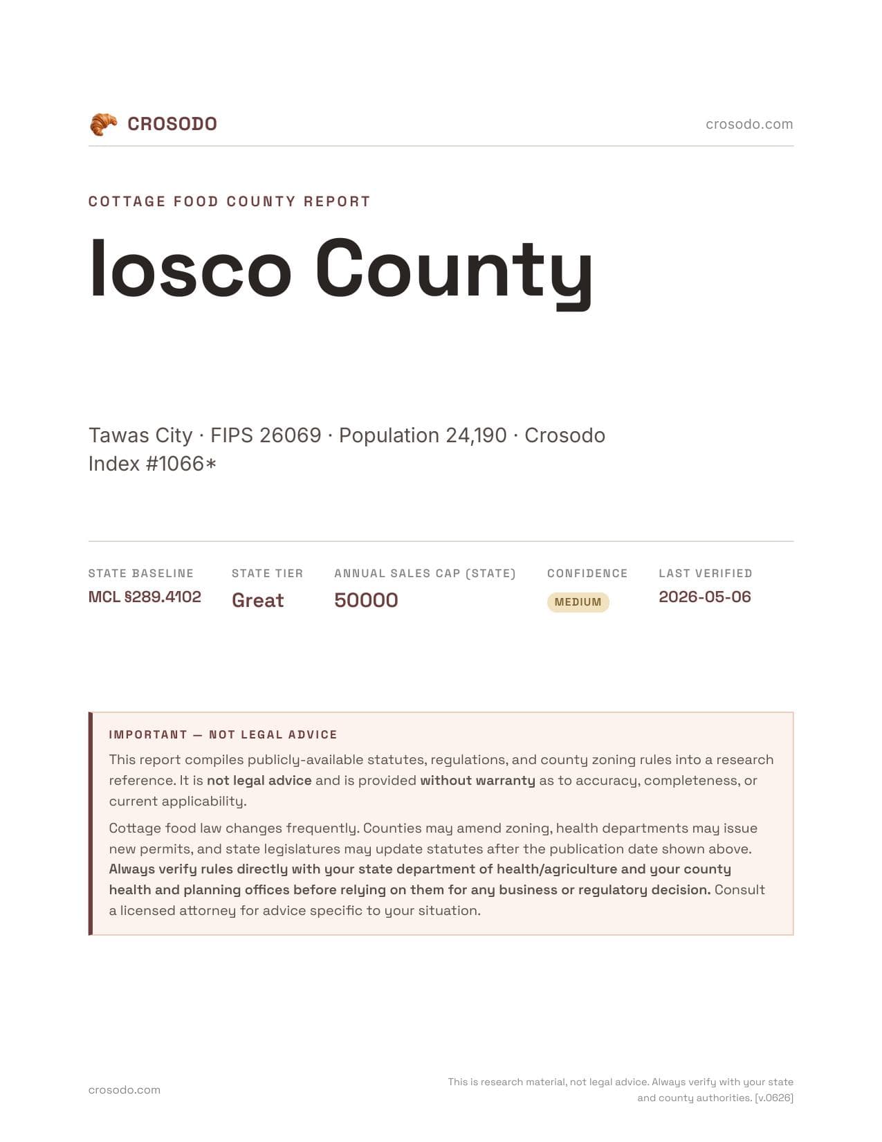 Cover of Iosco County county cottage food report
