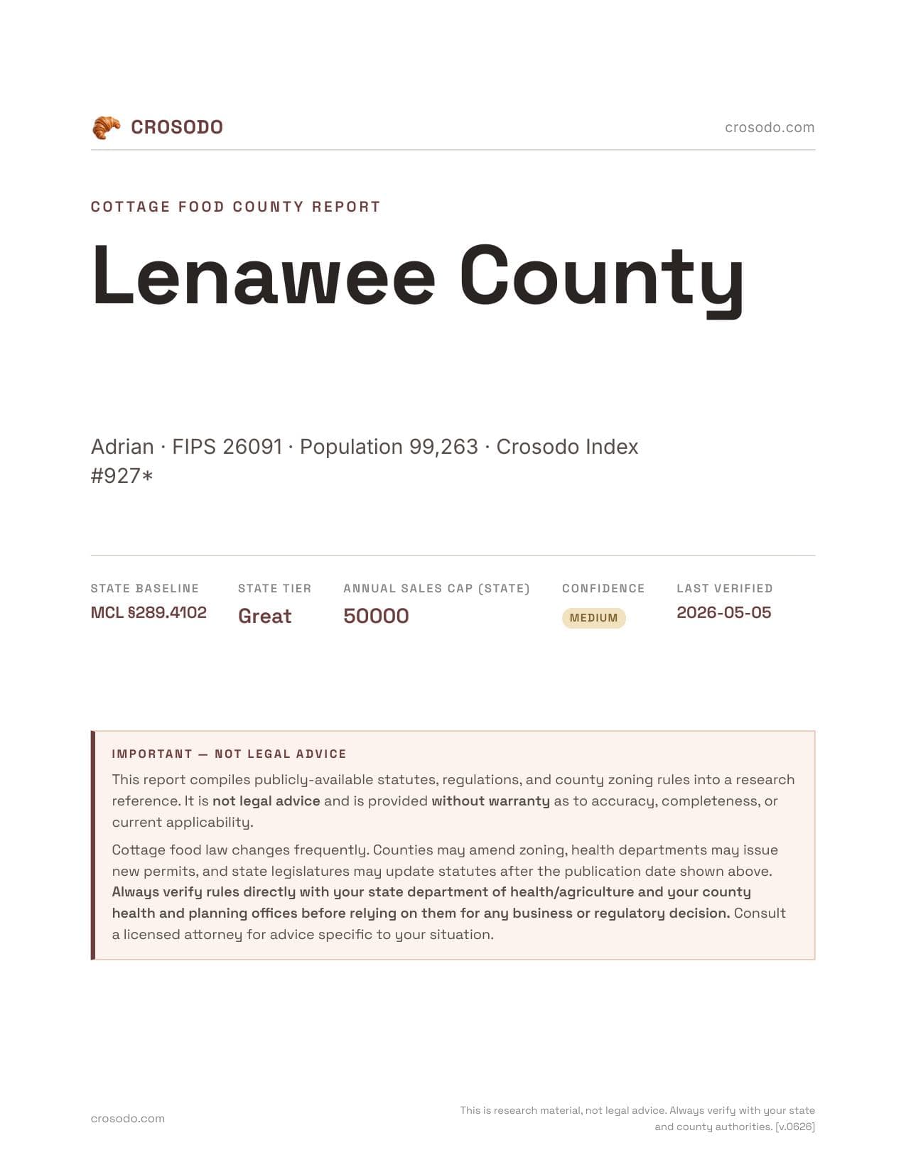 Cover of Lenawee County county cottage food report