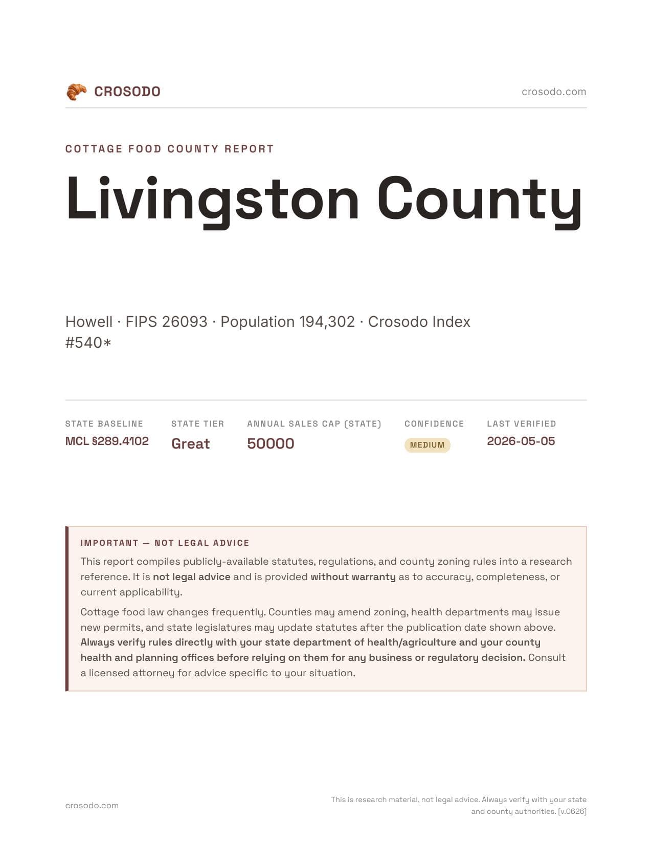 Cover of Livingston County county cottage food report