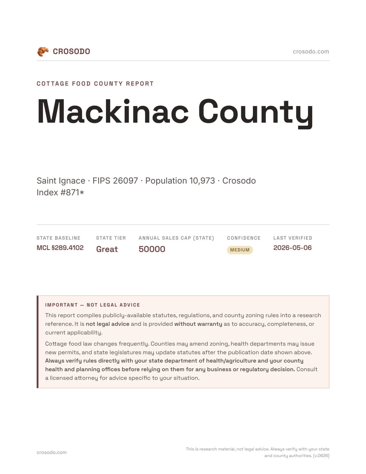 Cover of Mackinac County county cottage food report