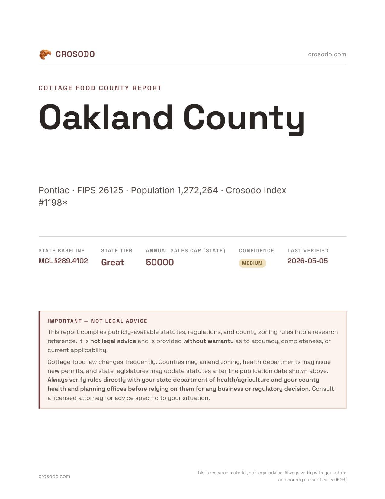 Cover of Oakland County county cottage food report