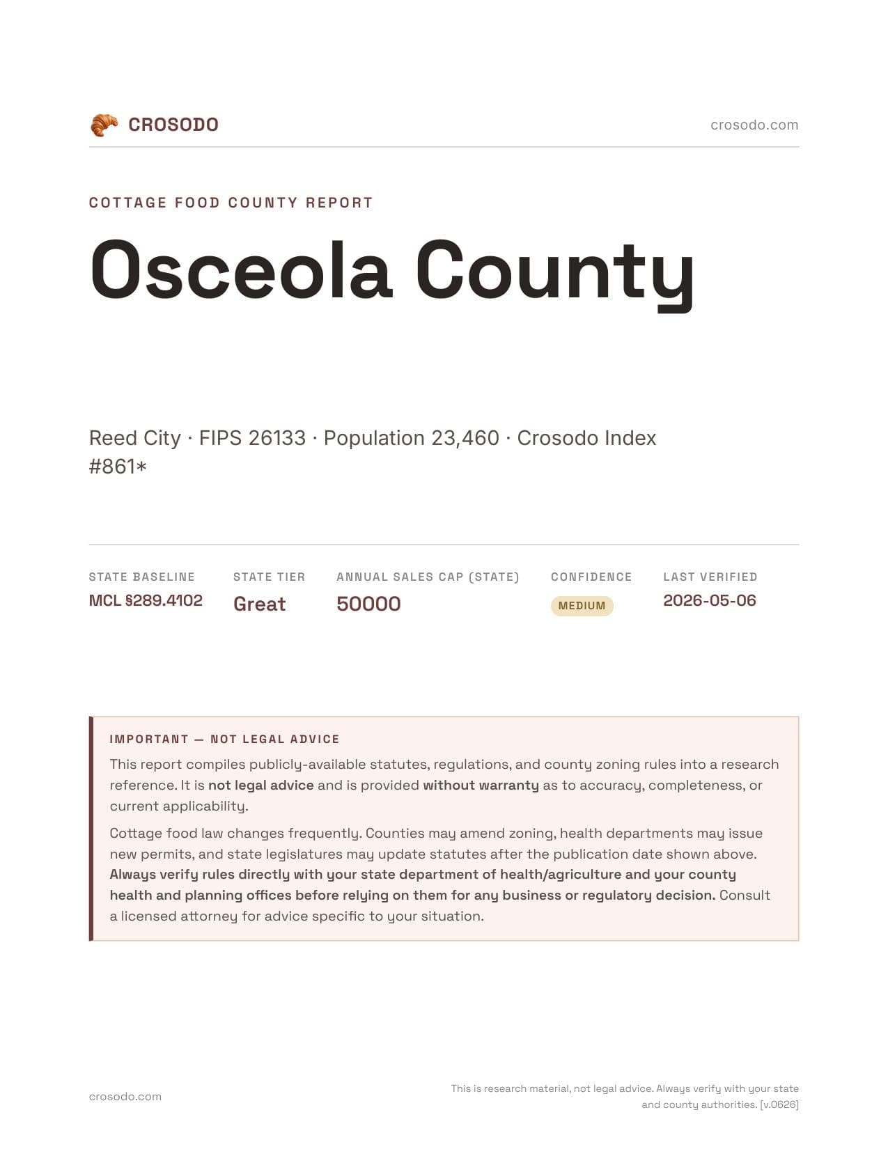 Cover of Osceola County county cottage food report