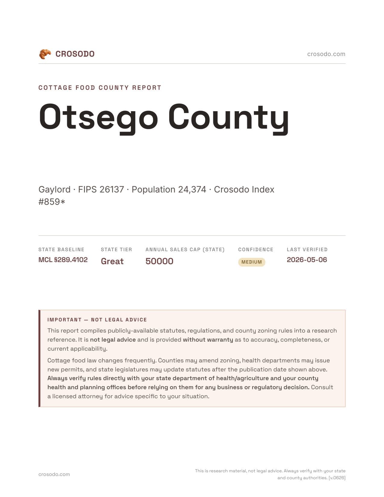 Cover of Otsego County county cottage food report