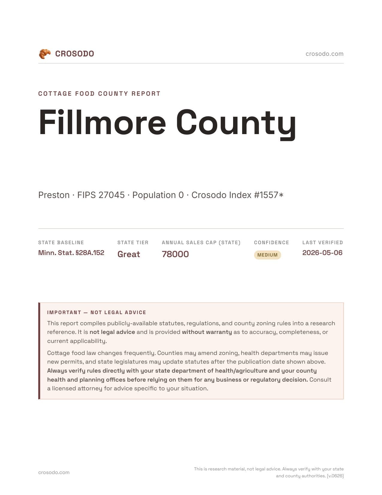 Cover of Fillmore County county cottage food report