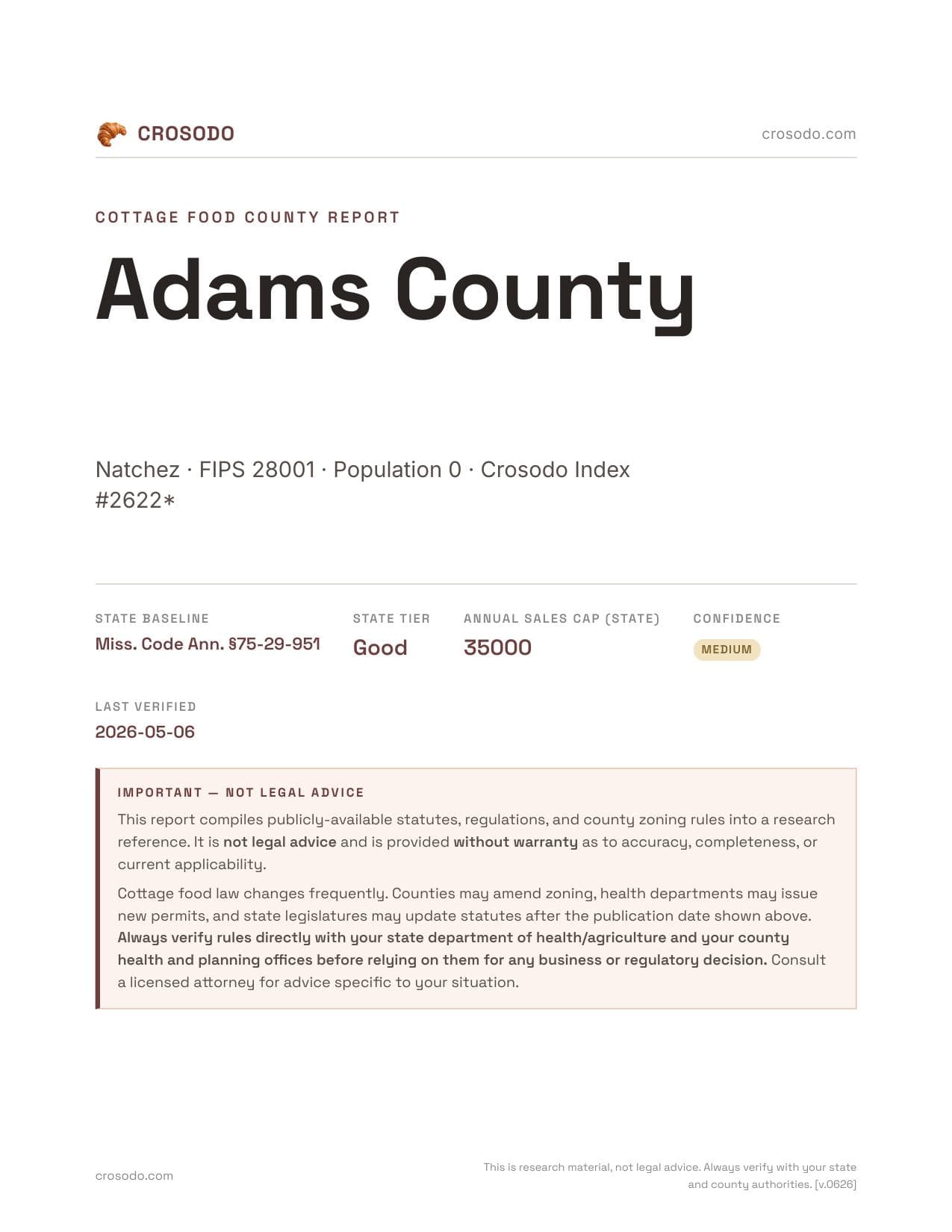 Cover of Adams County county cottage food report