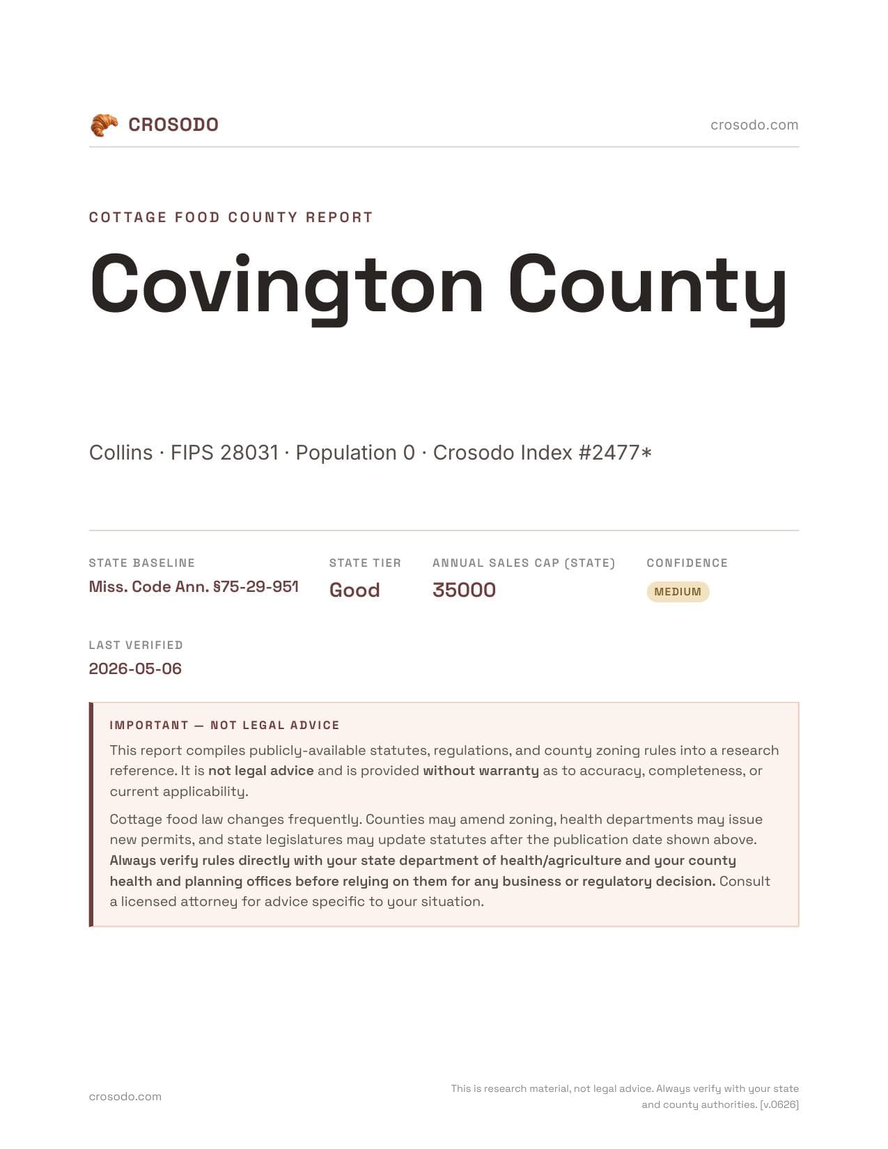 Cover of Covington County, Mississippi cottage food report