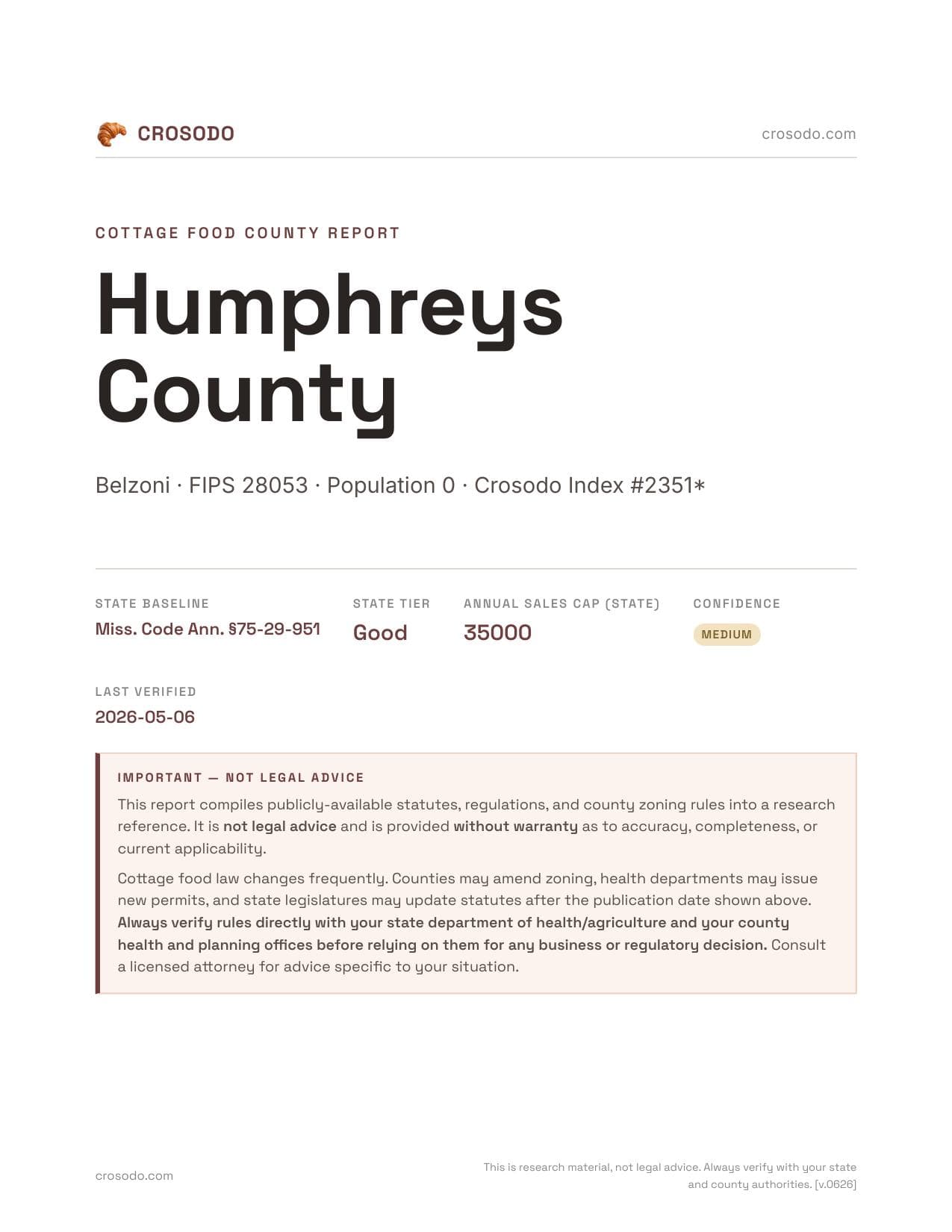 Cover of Humphreys County county cottage food report