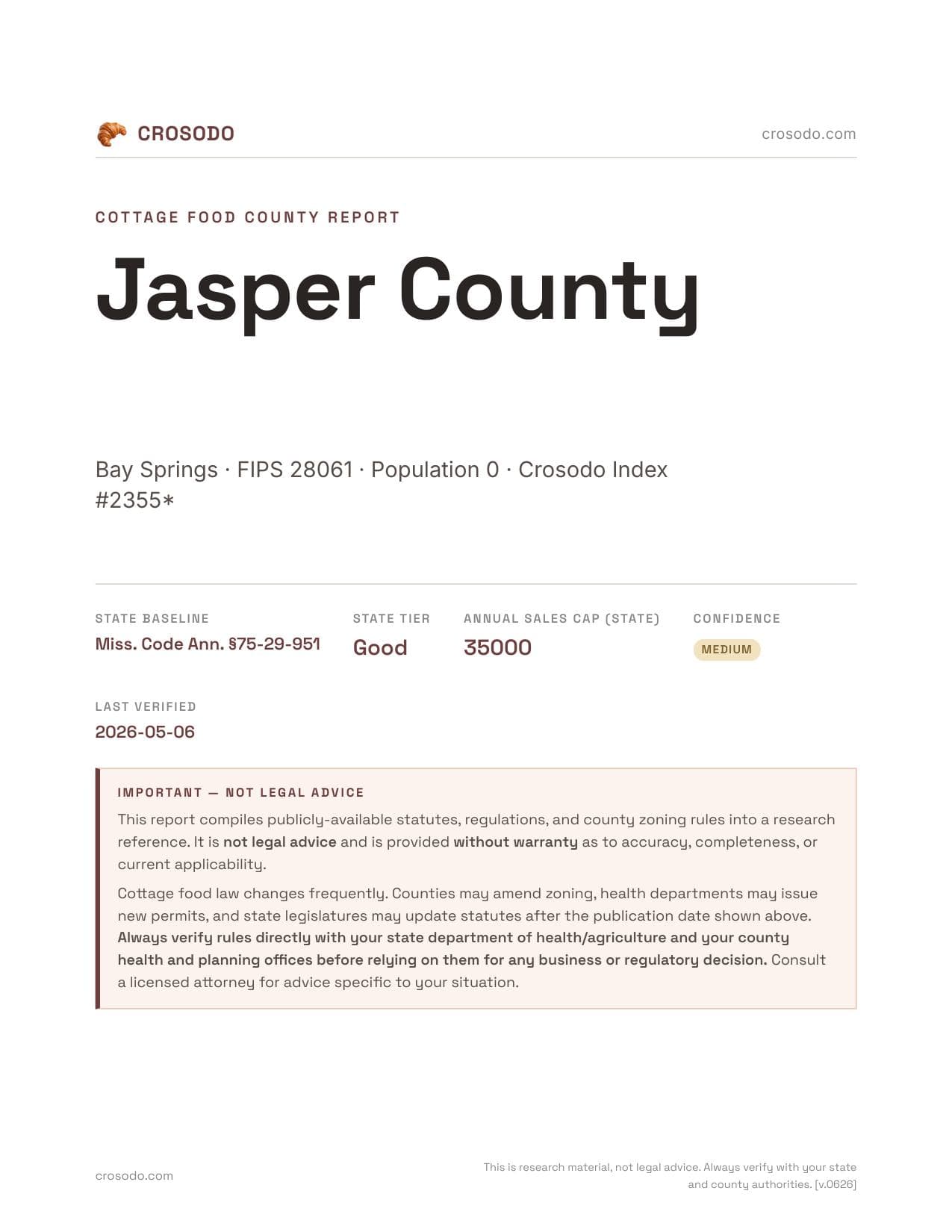Cover of Jasper County county cottage food report