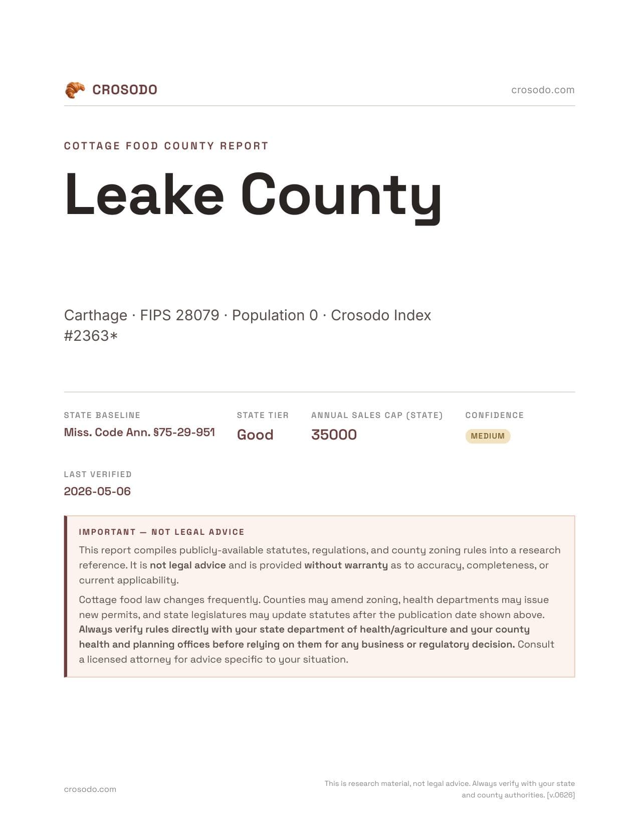 Cover of Leake County county cottage food report