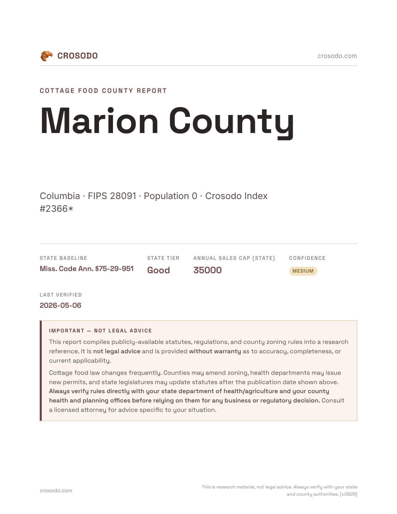 Cover of Marion County county cottage food report