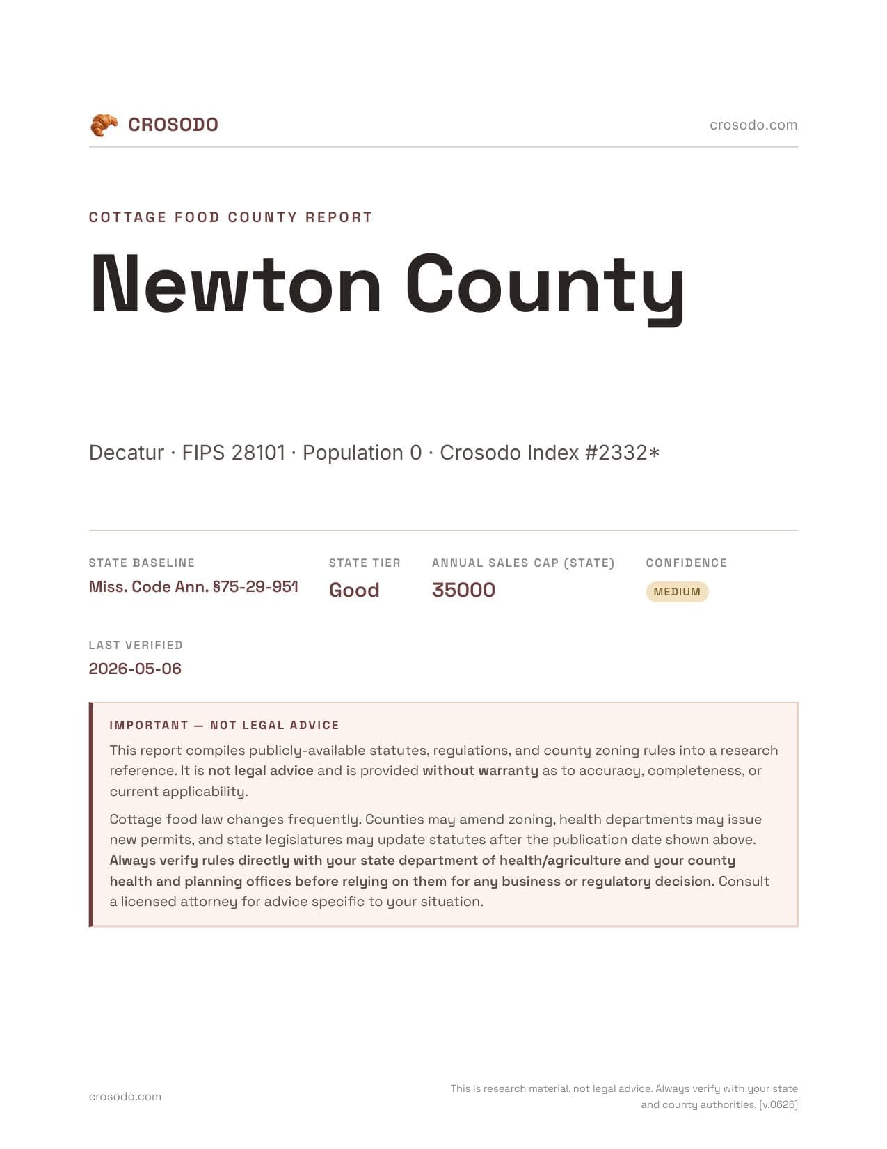Cover of Newton County county cottage food report