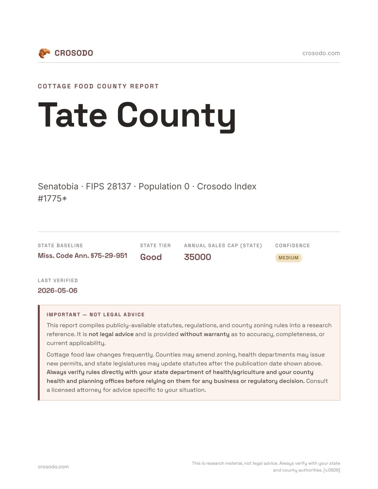 Cover of Tate County county cottage food report