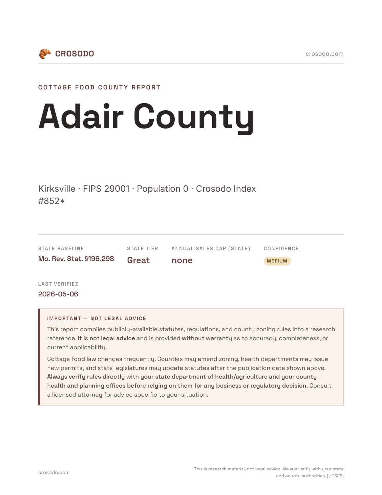 Cover of Adair County county cottage food report