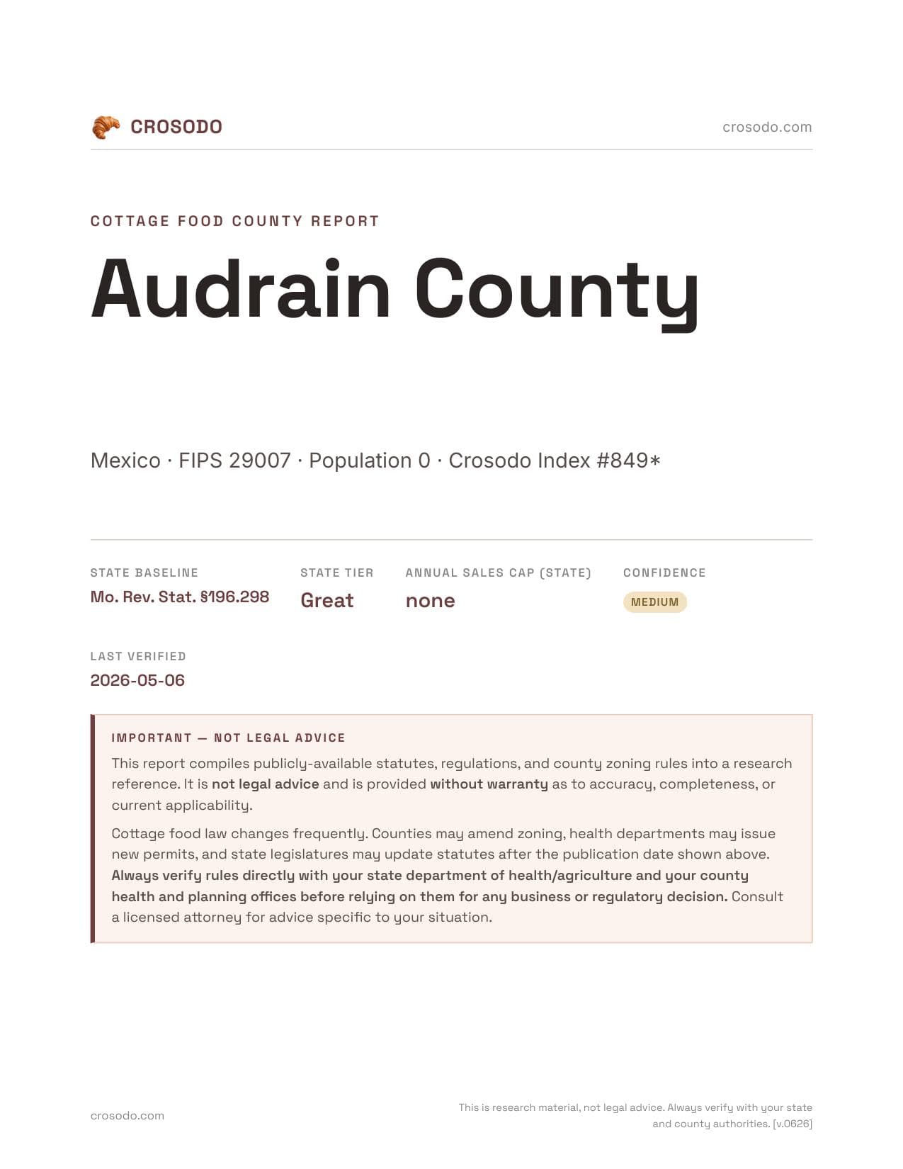 Cover of Audrain County county cottage food report