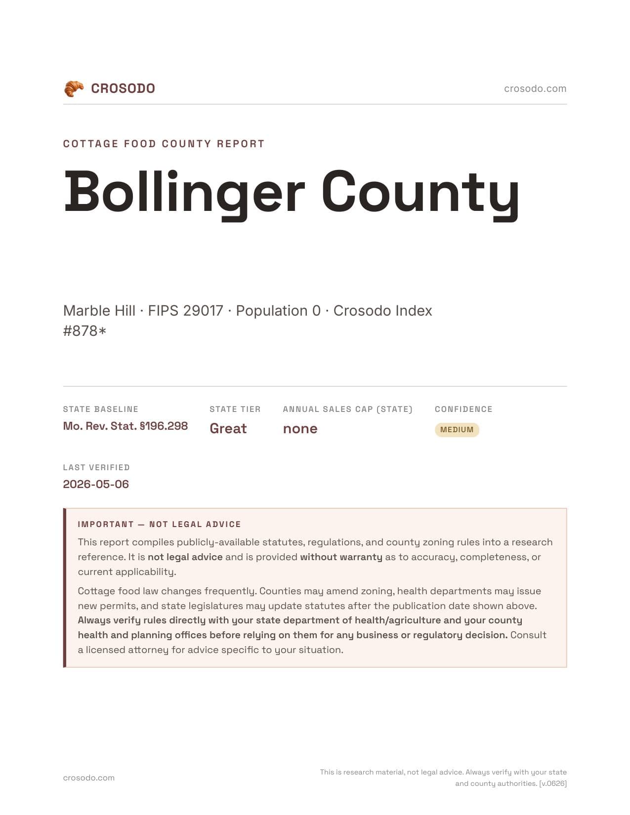 Cover of Bollinger County county cottage food report