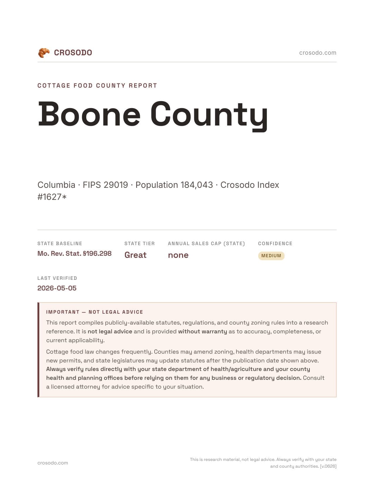 Cover of Boone County county cottage food report
