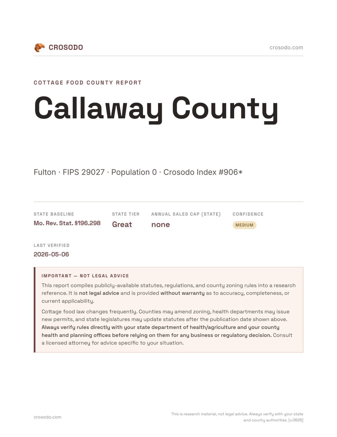 Cover of Callaway County county cottage food report