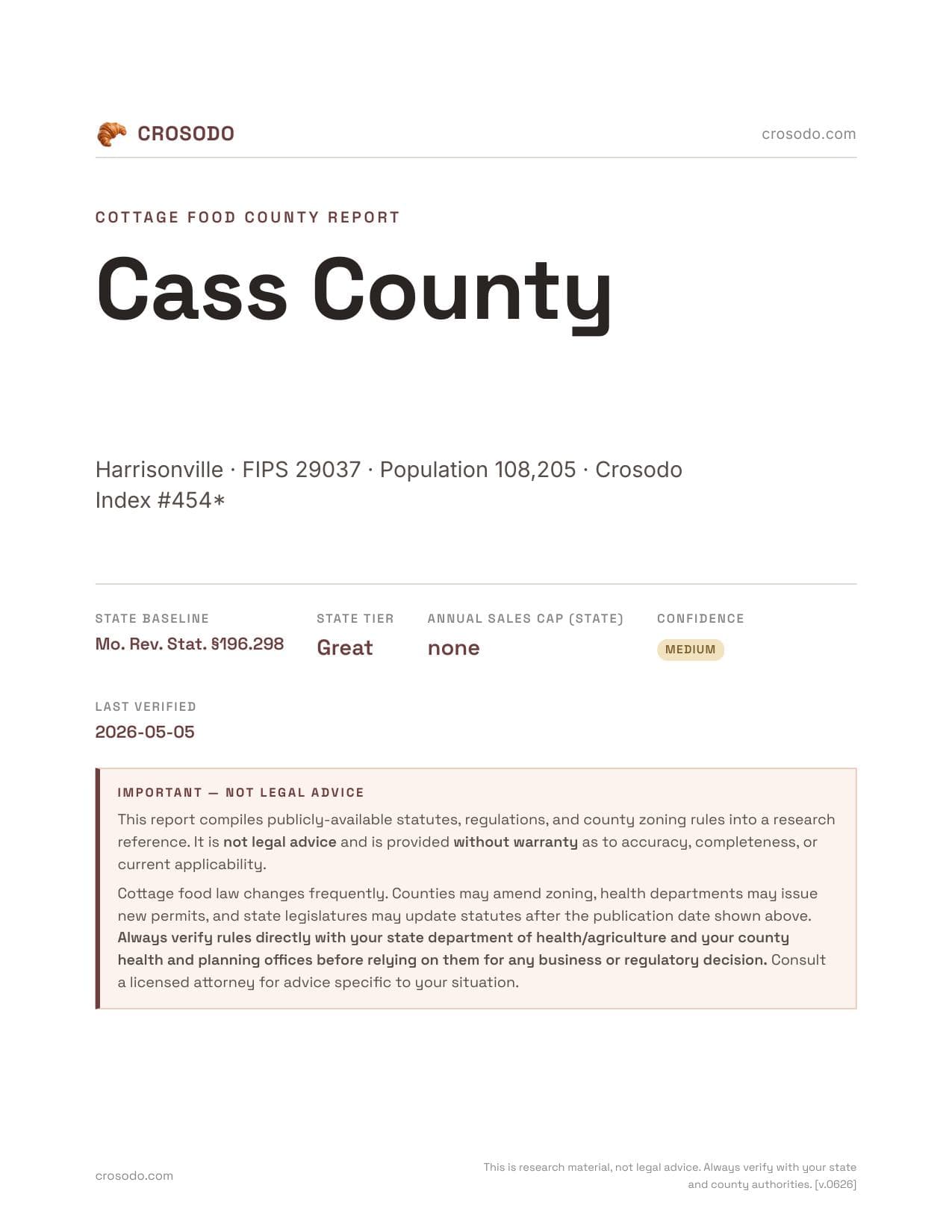 Cover of Cass County county cottage food report