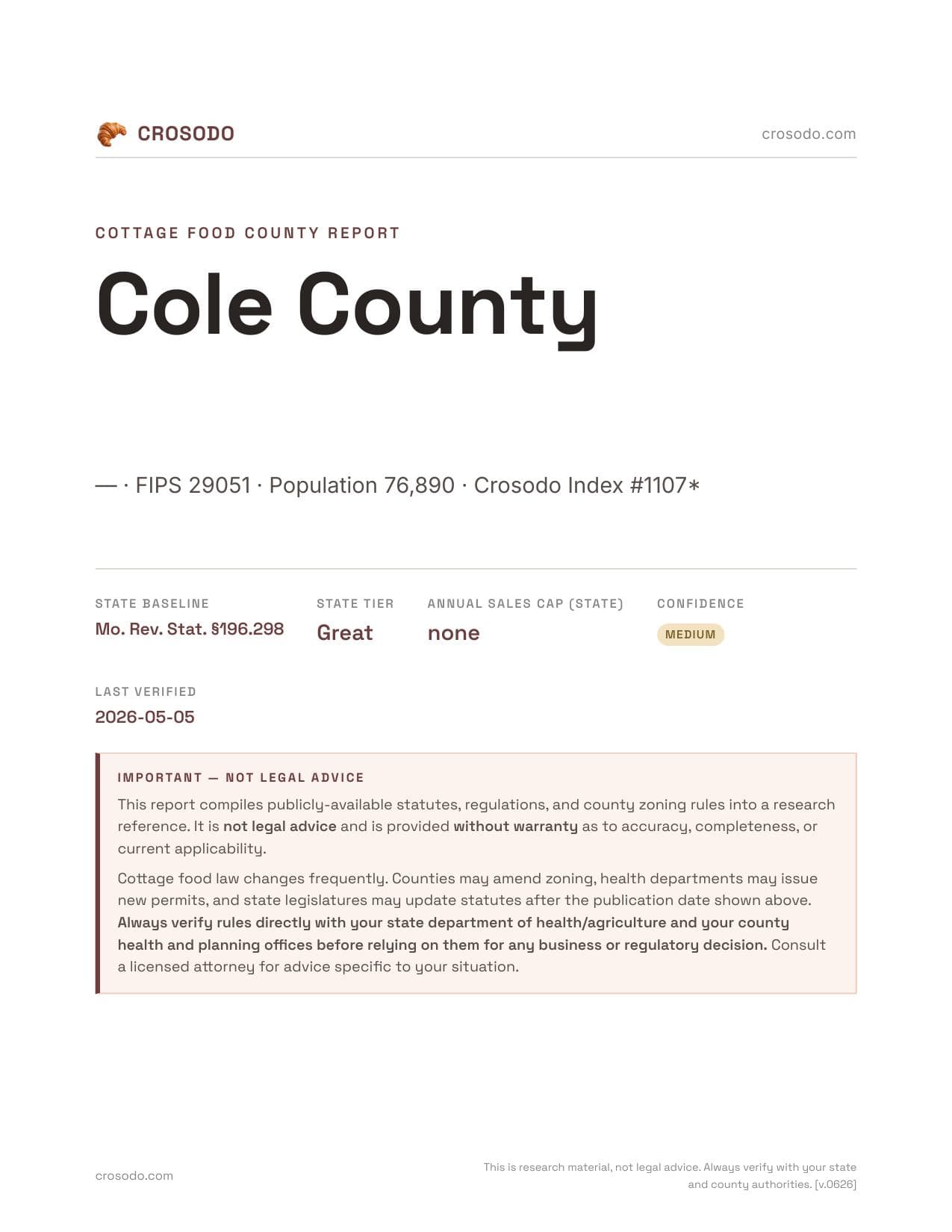 Cover of Cole County county cottage food report