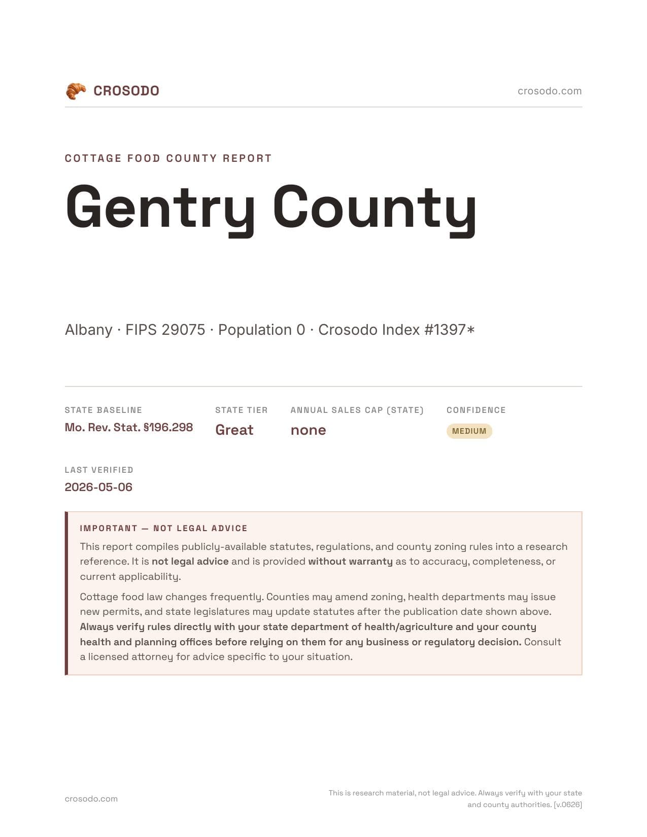 Cover of Gentry County county cottage food report