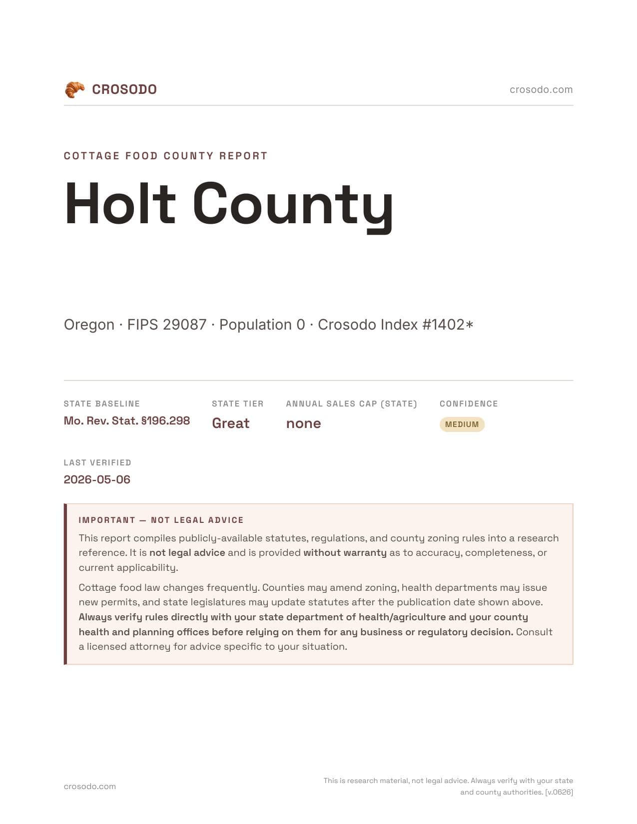 Cover of Holt County county cottage food report