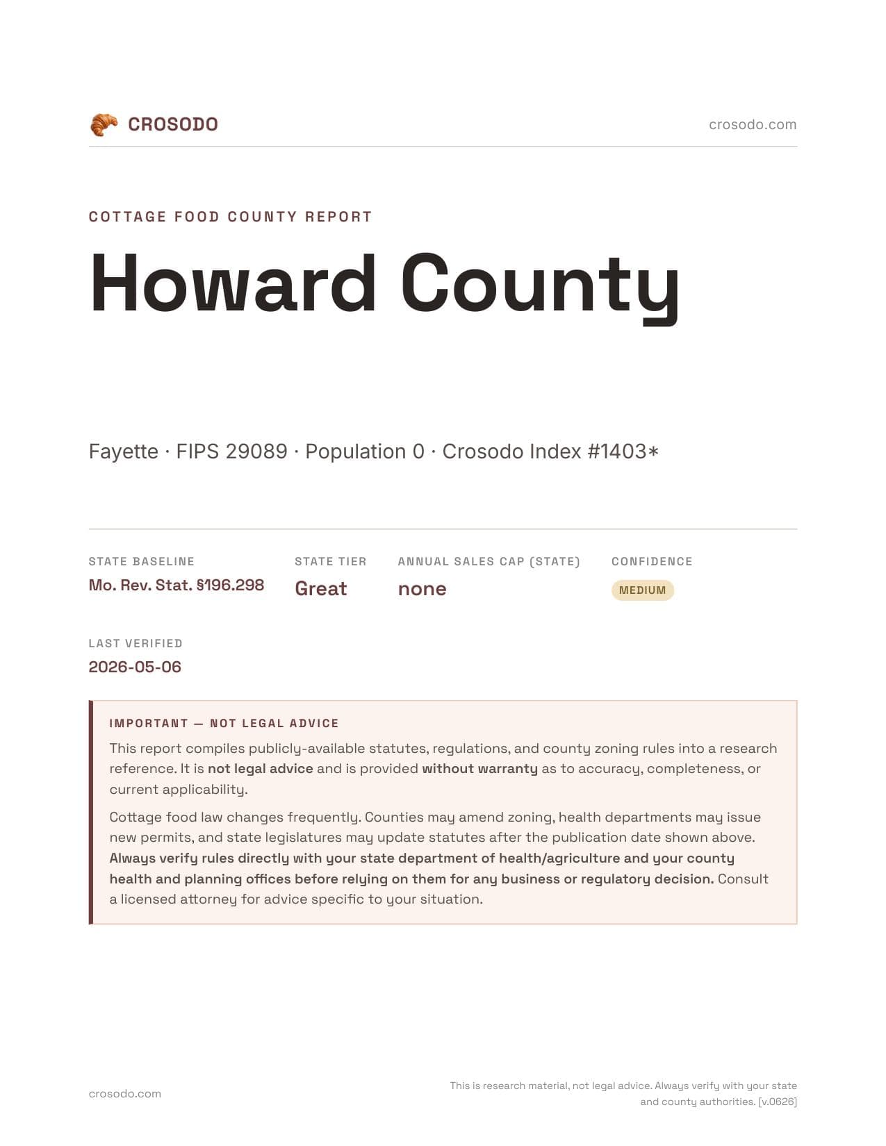 Cover of Howard County county cottage food report