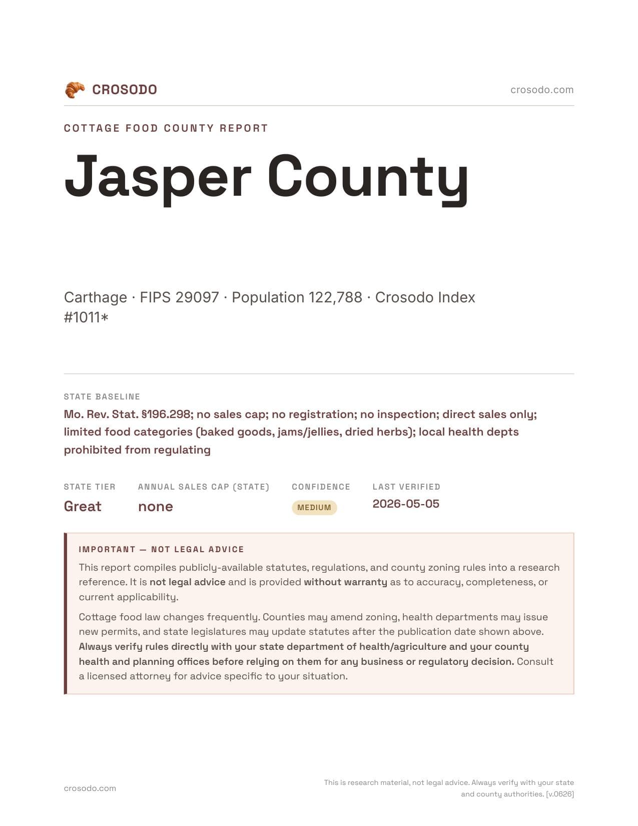 Cover of Jasper County county cottage food report