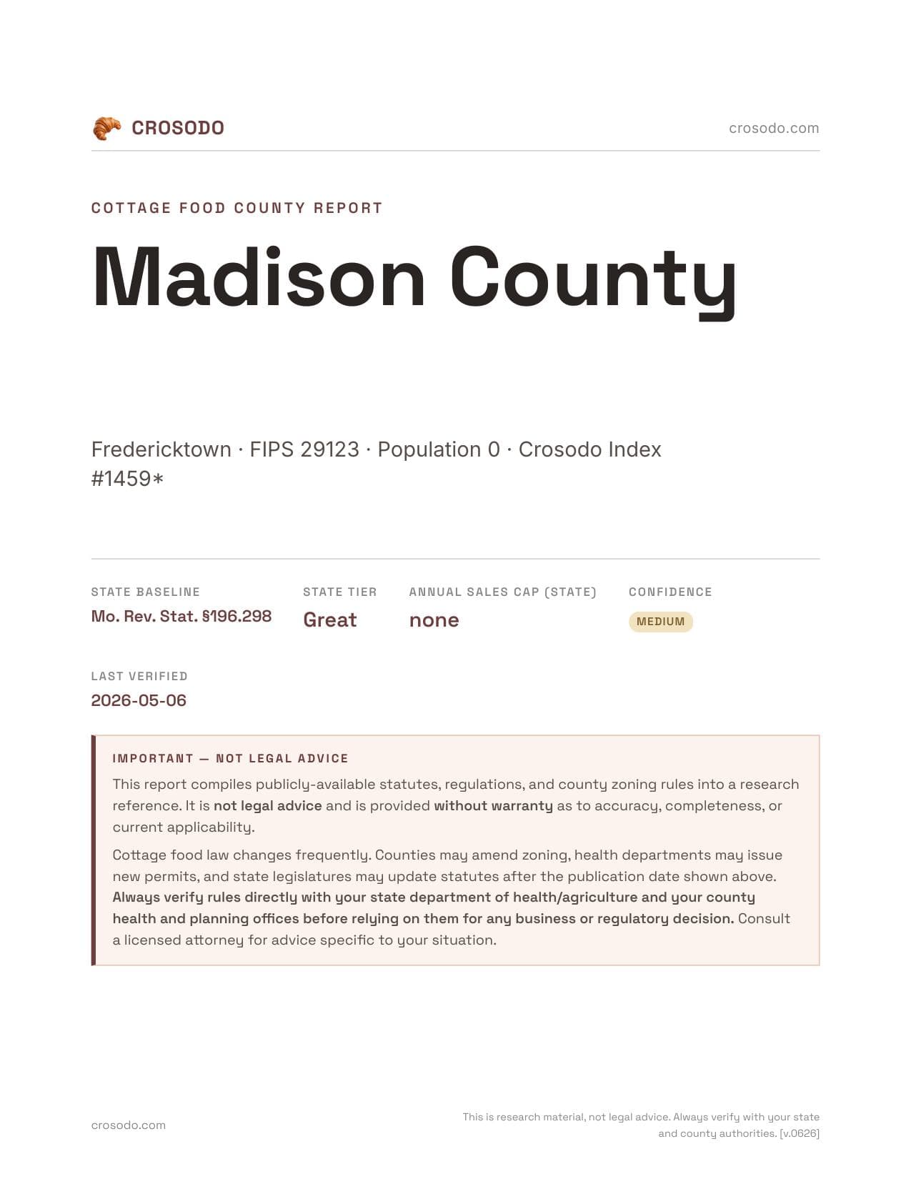 Cover of Madison County county cottage food report