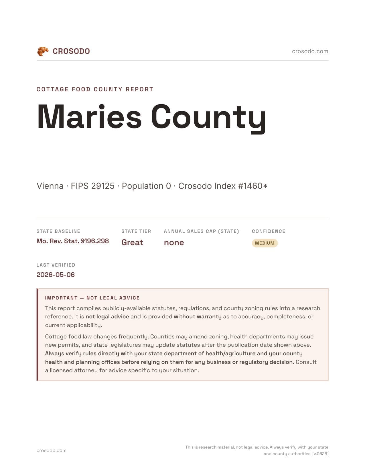 Cover of Maries County county cottage food report