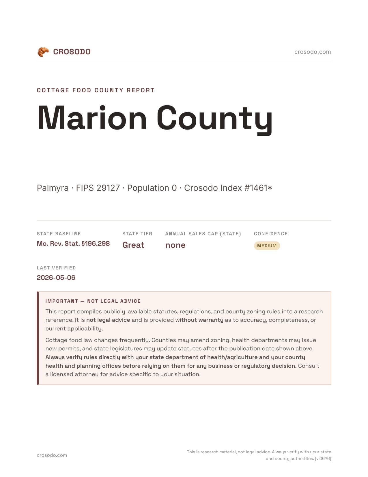 Cover of Marion County county cottage food report