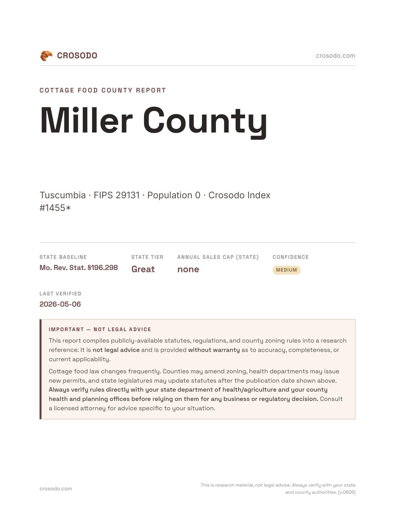 Cover of Miller County county cottage food report