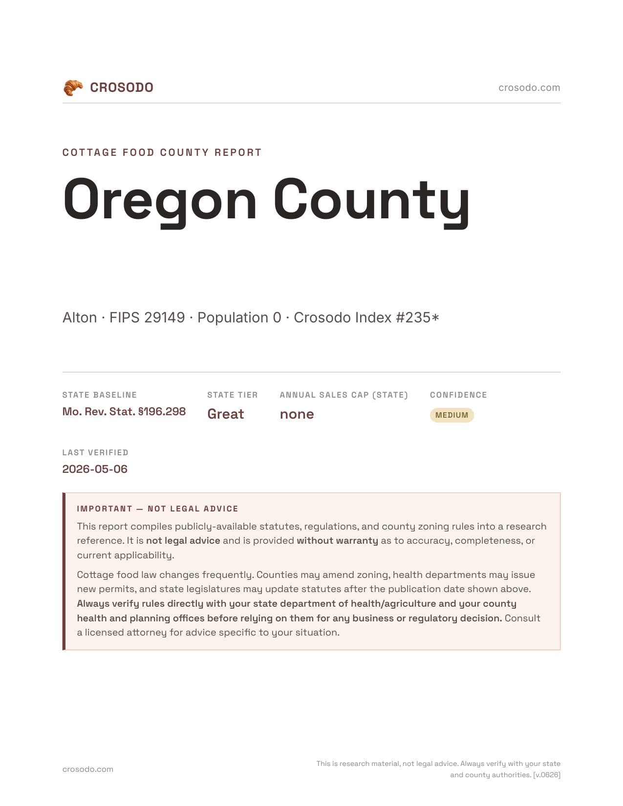 Cover of Oregon County county cottage food report