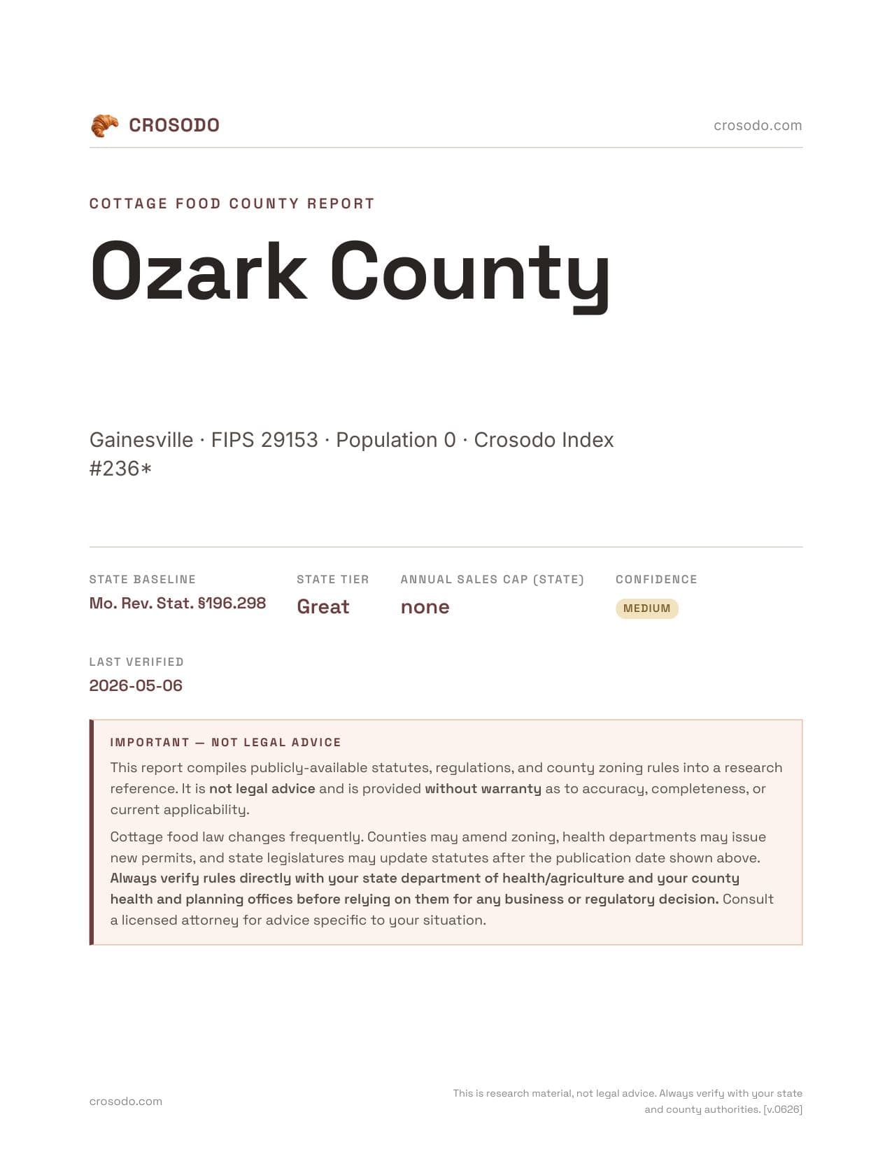 Cover of Ozark County county cottage food report