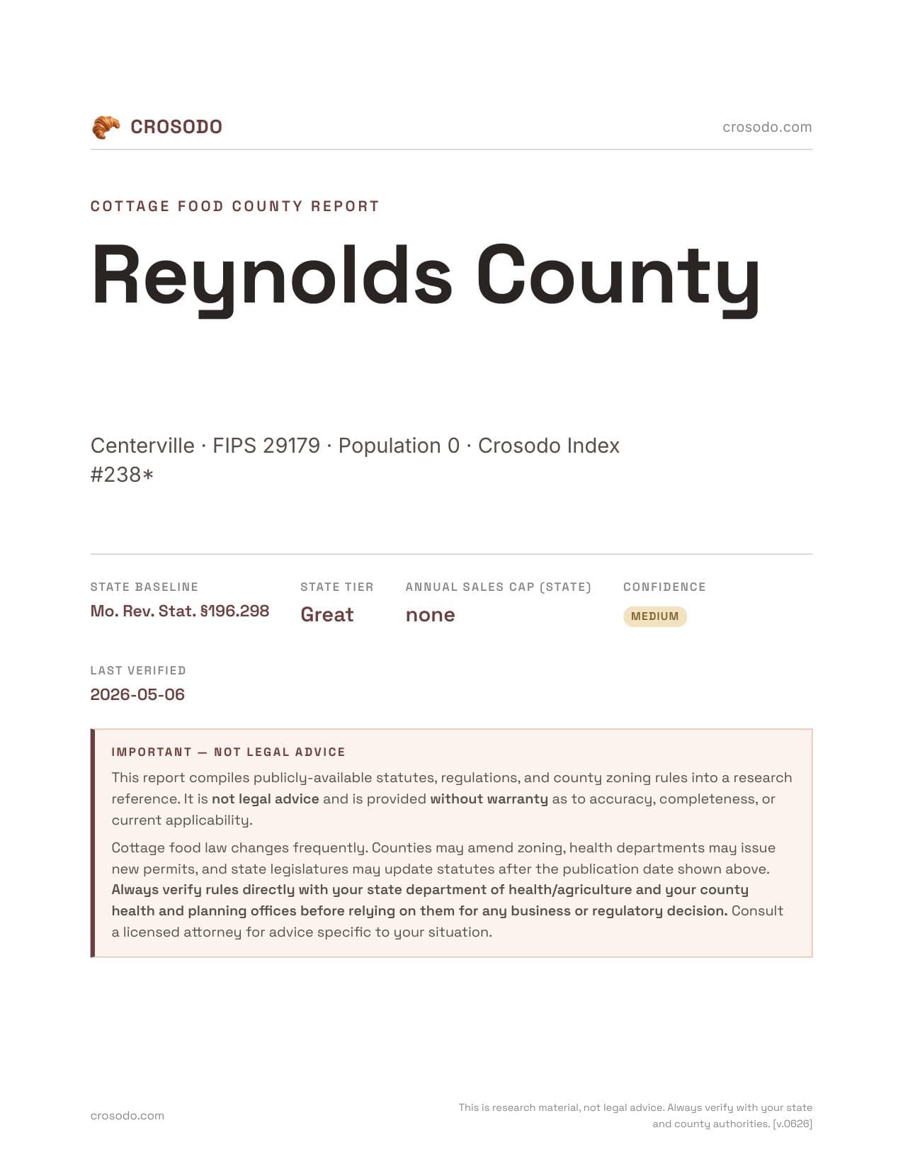 Cover of Reynolds County county cottage food report