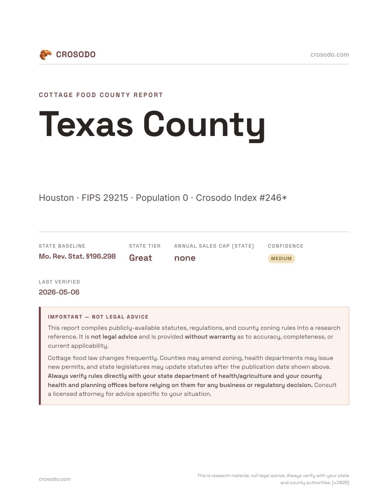 Cover of Texas County county cottage food report