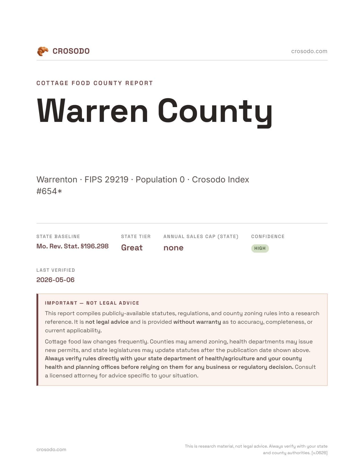 Cover of Warren County county cottage food report