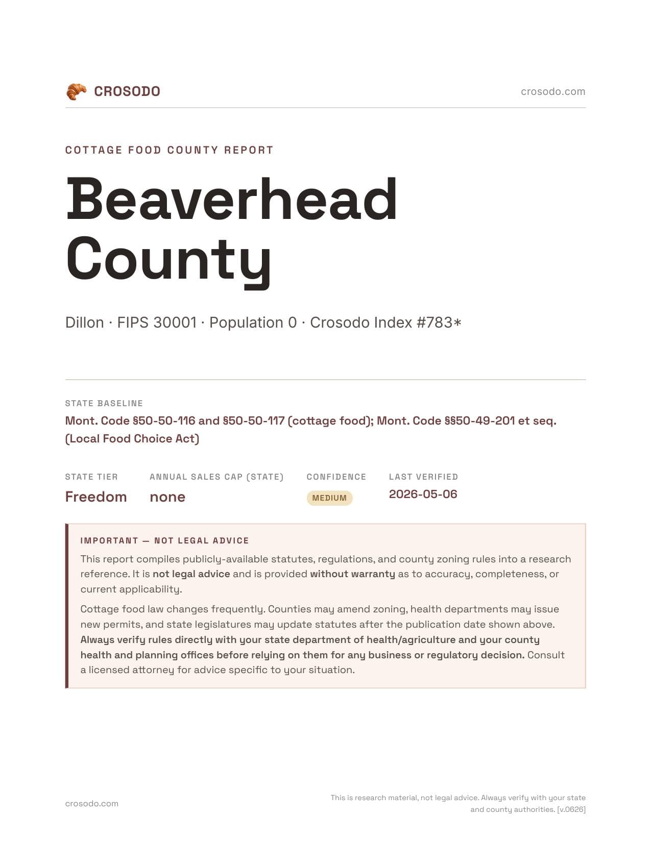 Cover of Beaverhead County county cottage food report