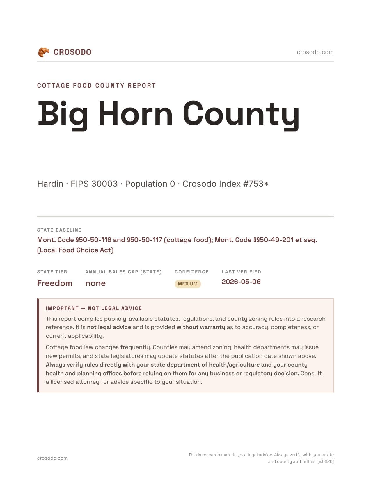 Cover of Big Horn County county cottage food report