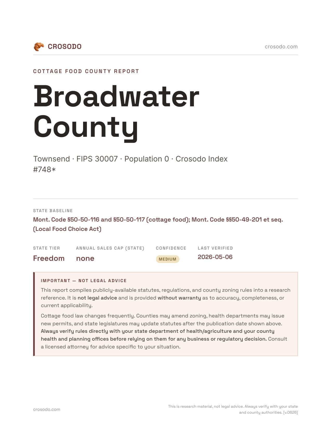 Cover of Broadwater County county cottage food report