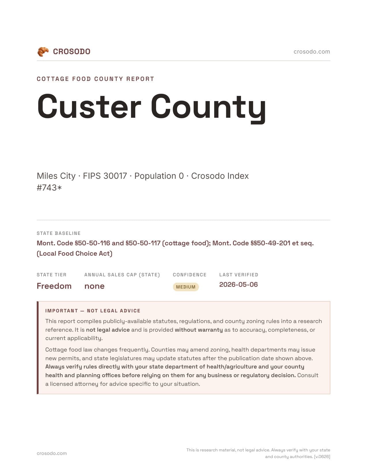 Cover of Custer County county cottage food report