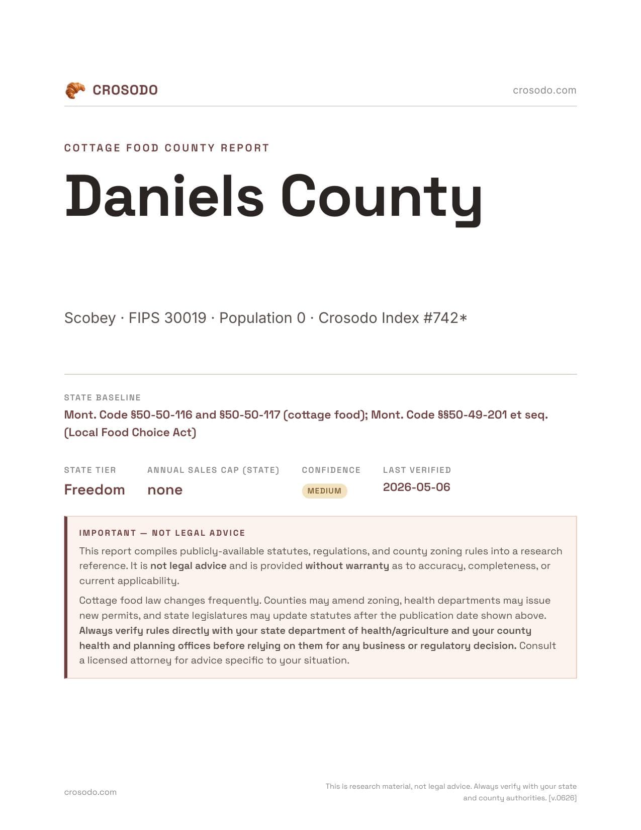 Cover of Daniels County county cottage food report