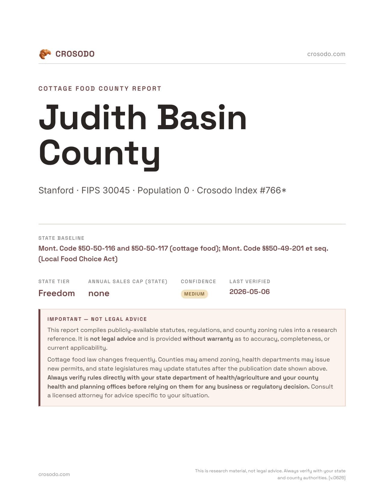 Cover of Judith Basin County county cottage food report